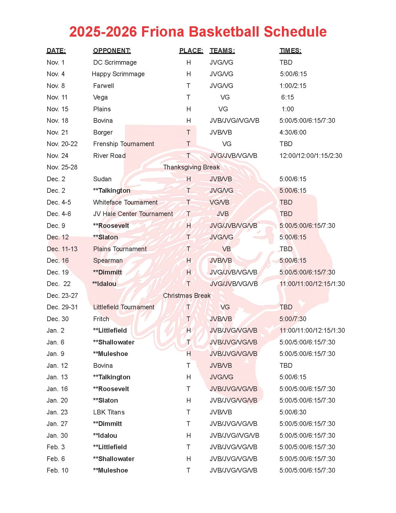 Updated Basketball Schedule